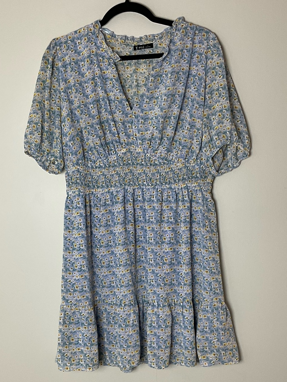 Very J Light Blue Floral Smock Waist Mini Dress Empire Baby Doll Western Size L